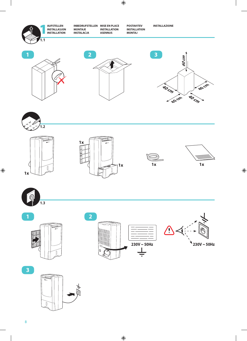 40 cm, 40 cm 60 cm | Qlima DD108 User Manual | Page 8 / 20