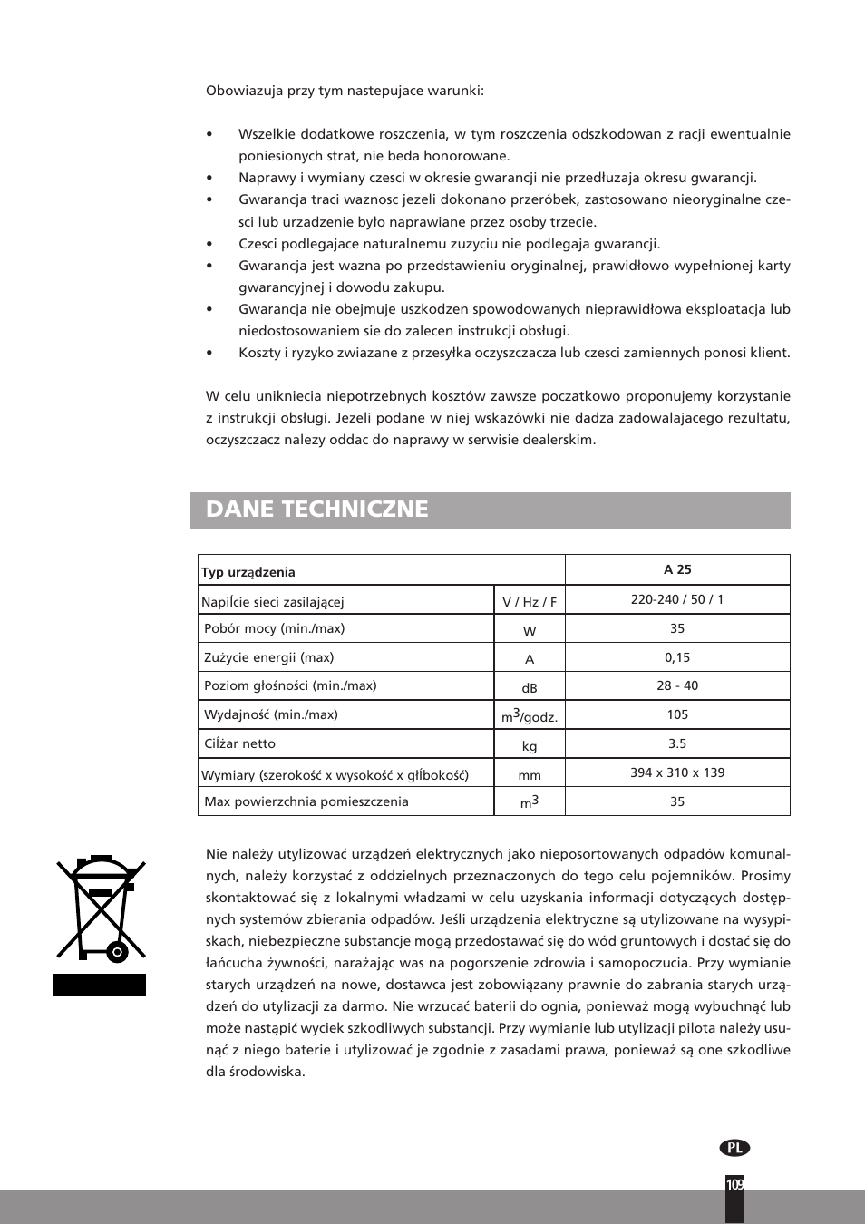Dane techniczne | Qlima A25 User Manual | Page 109 / 136