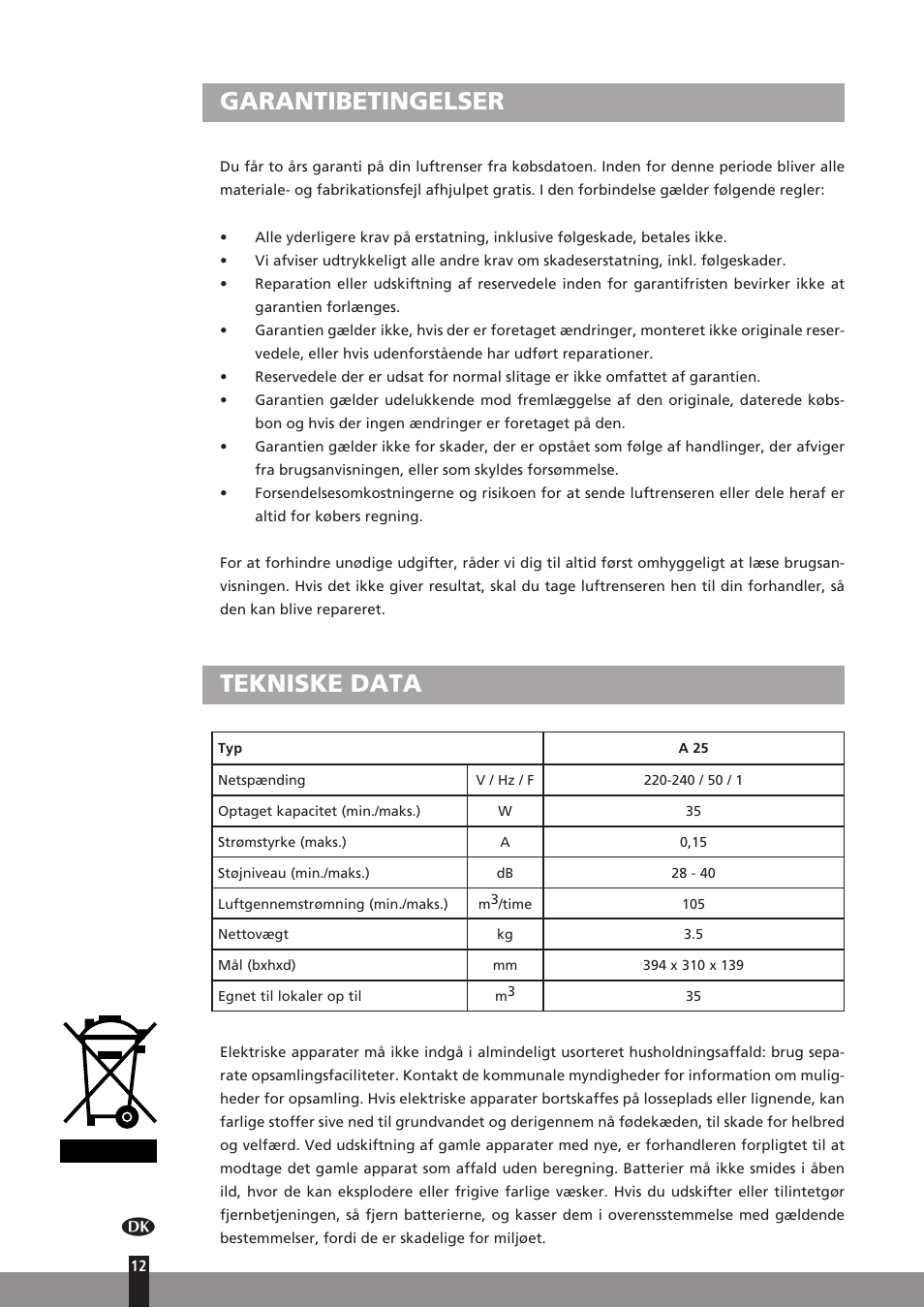 Garantibetingelser, Tekniske data | Qlima A25 User Manual | Page 12 / 136