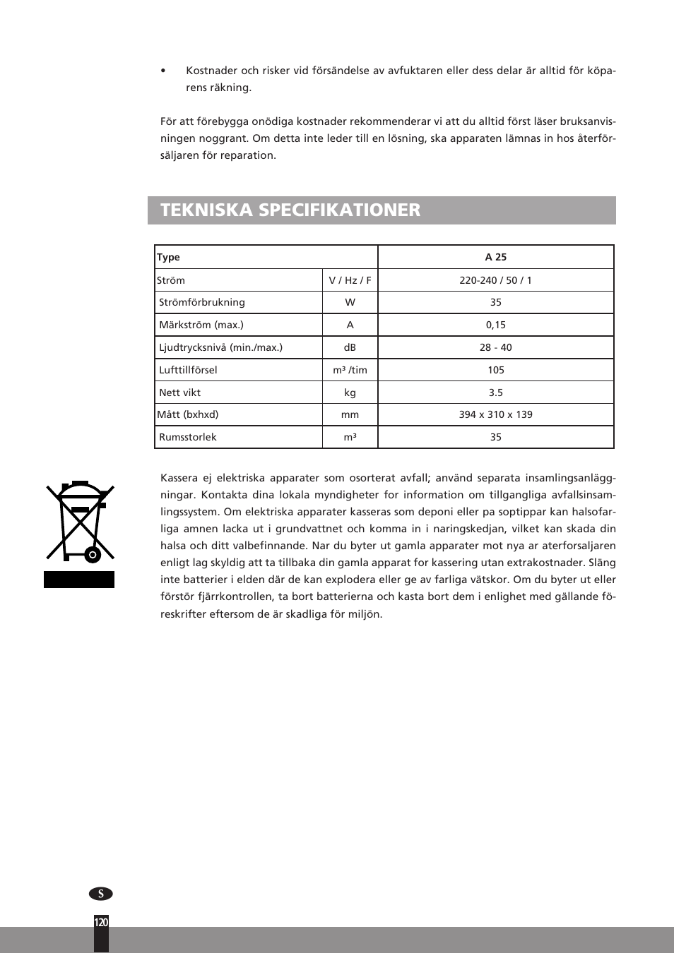 Tekniska specifikationer | Qlima A25 User Manual | Page 120 / 136