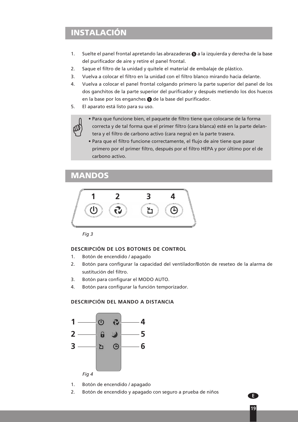 Instalación, Mandos 1 2 3 4 | Qlima A25 User Manual | Page 19 / 136