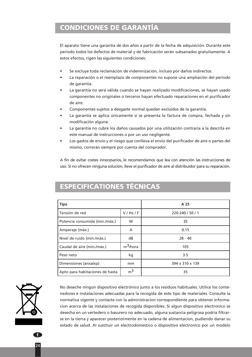 Condiciones de garantía, Especificationes técnicas | Qlima A25 User Manual | Page 24 / 136