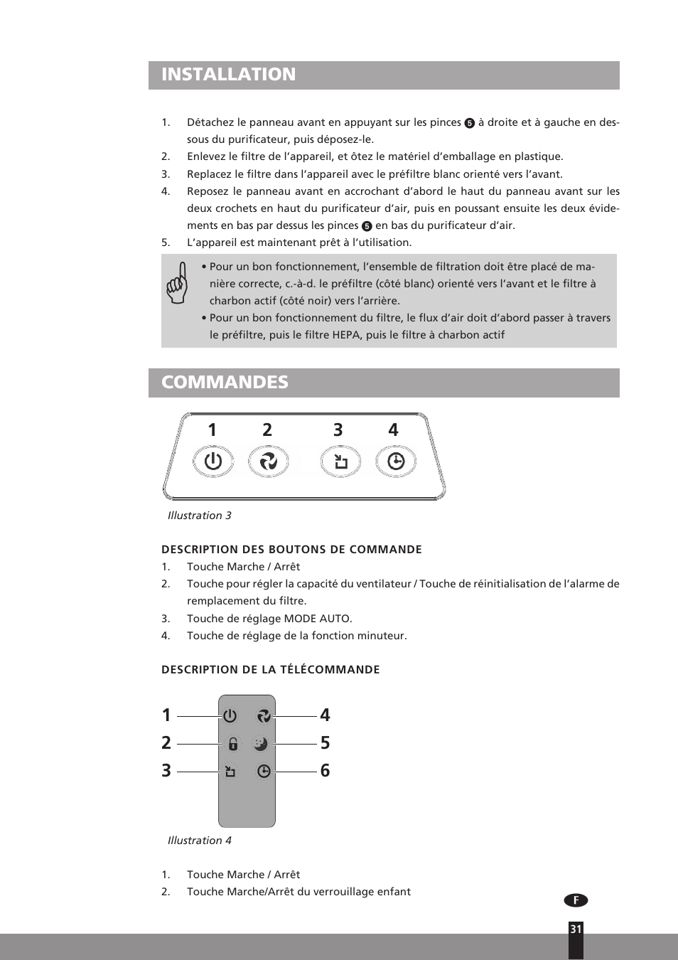 Installation, Commandes 1 2 3 4 | Qlima A25 User Manual | Page 31 / 136