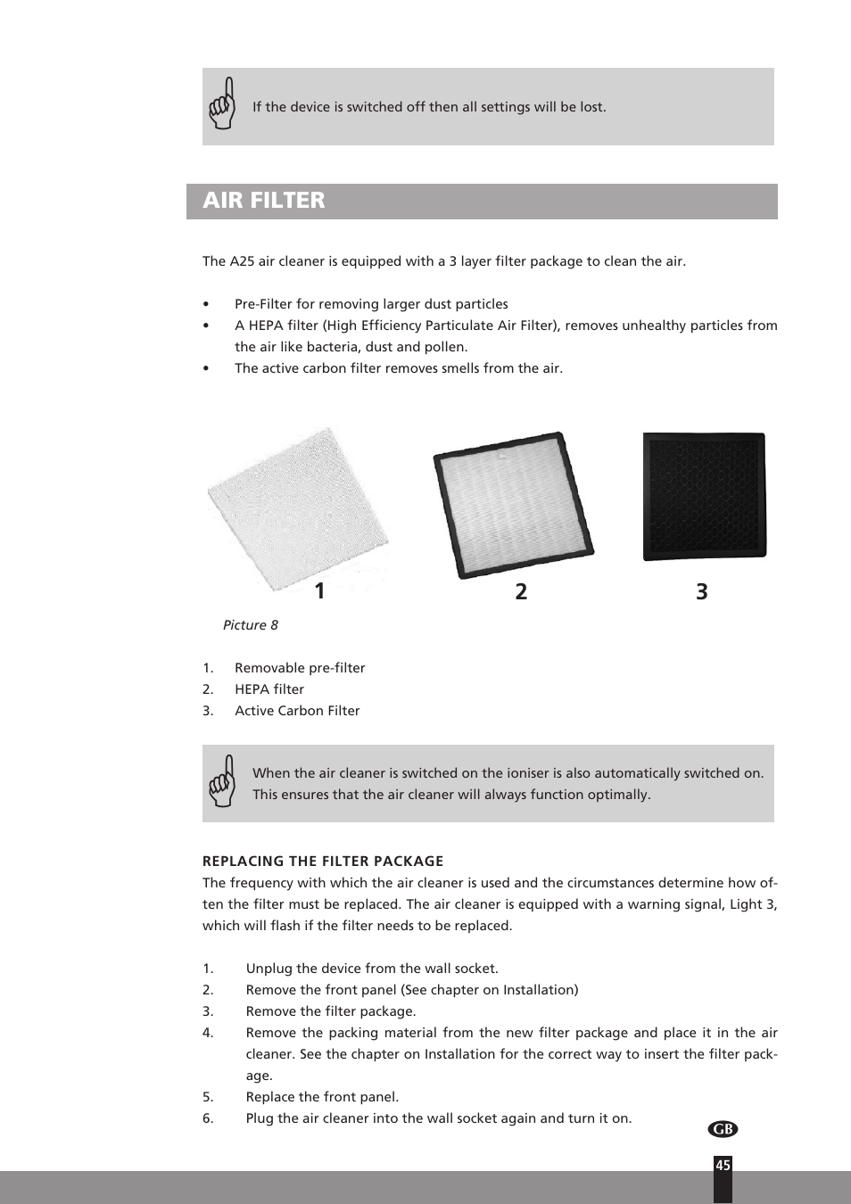 Air filter | Qlima A25 User Manual | Page 45 / 136