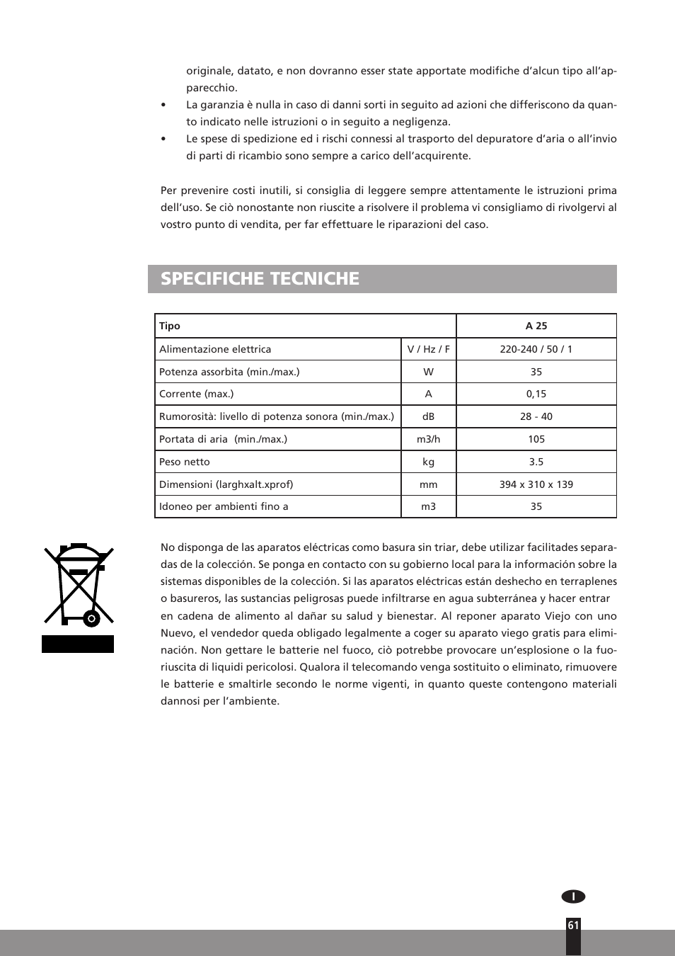 Specifiche tecniche | Qlima A25 User Manual | Page 61 / 136