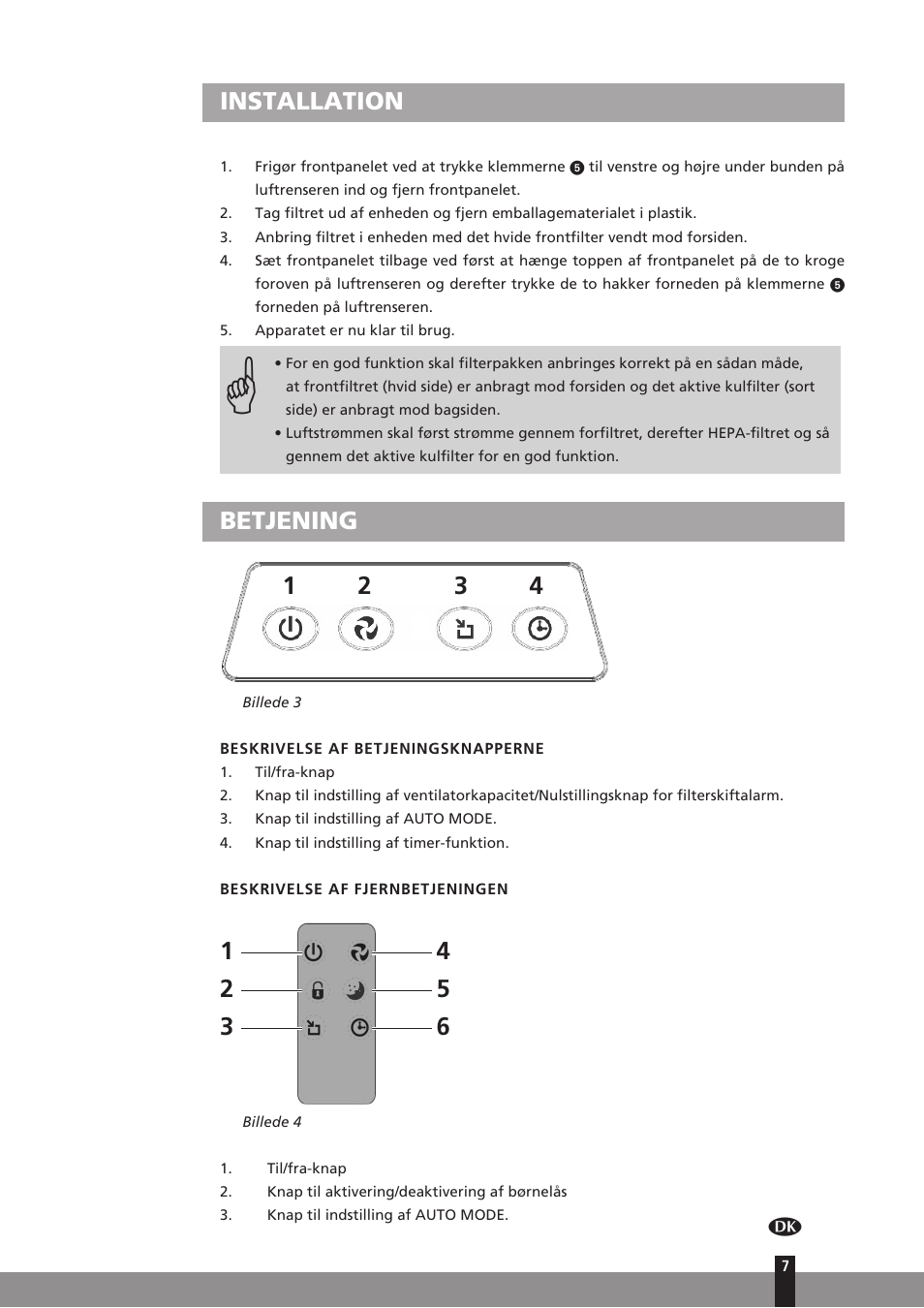 Installation, Betjening 1 2 3 4 | Qlima A25 User Manual | Page 7 / 136