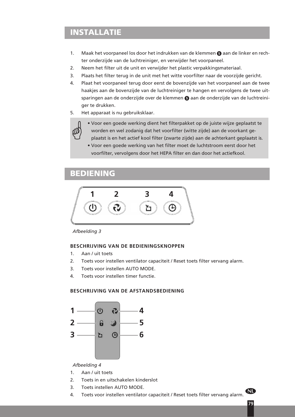 Installatie, Bediening 1 2 3 4 | Qlima A25 User Manual | Page 79 / 136
