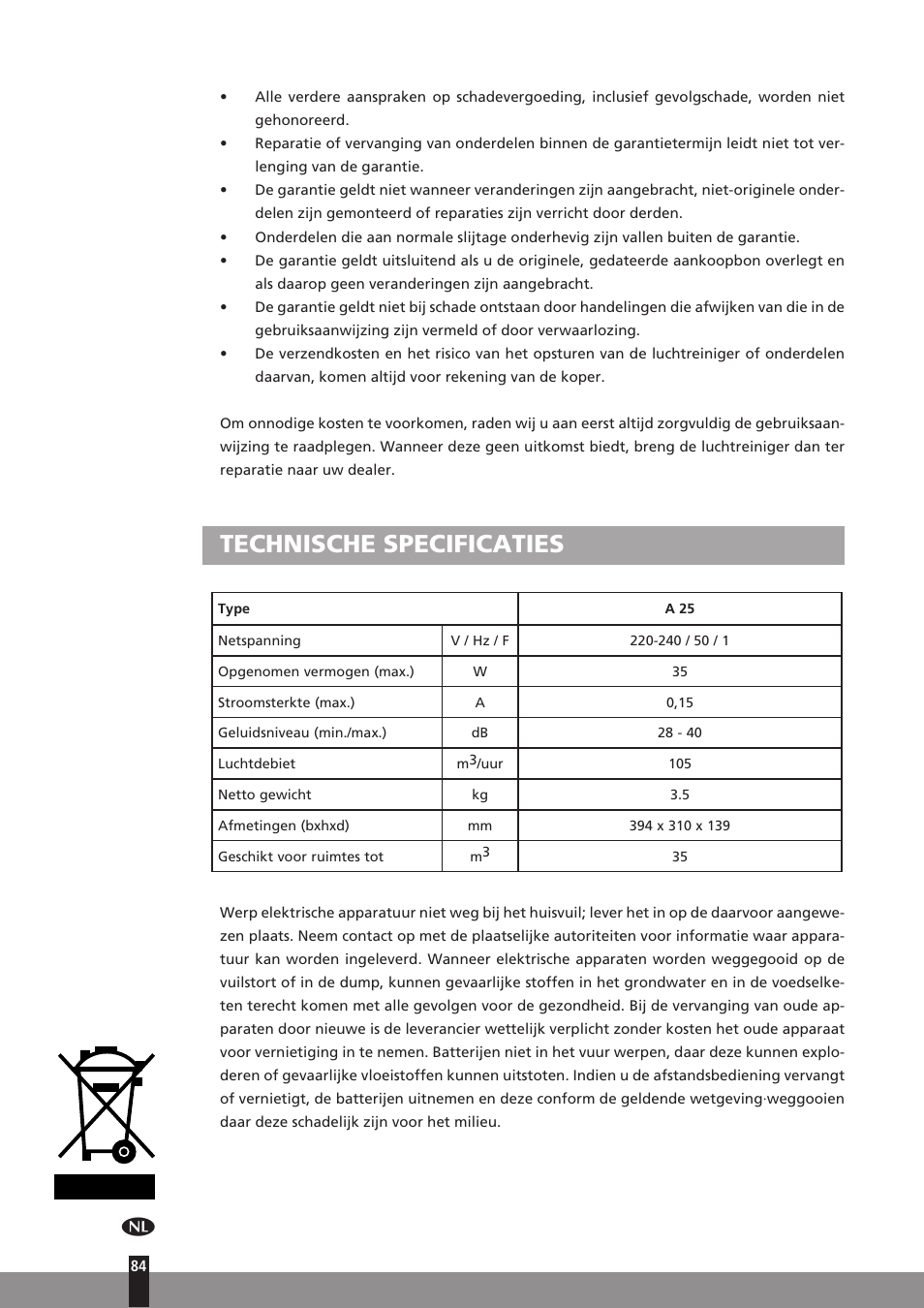 Technische specificaties | Qlima A25 User Manual | Page 84 / 136