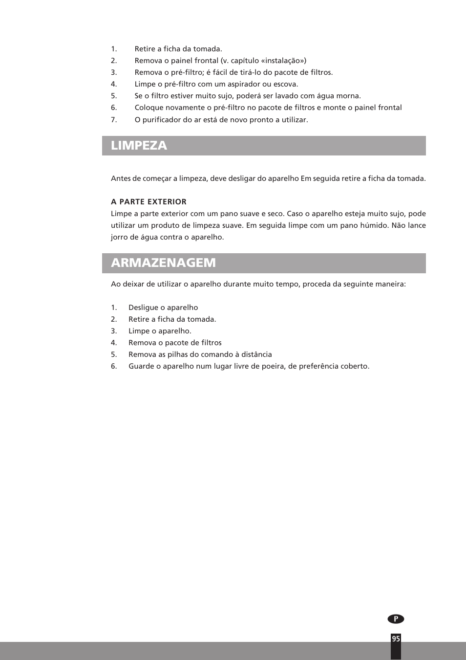 Limpeza, Armazenagem | Qlima A25 User Manual | Page 95 / 136