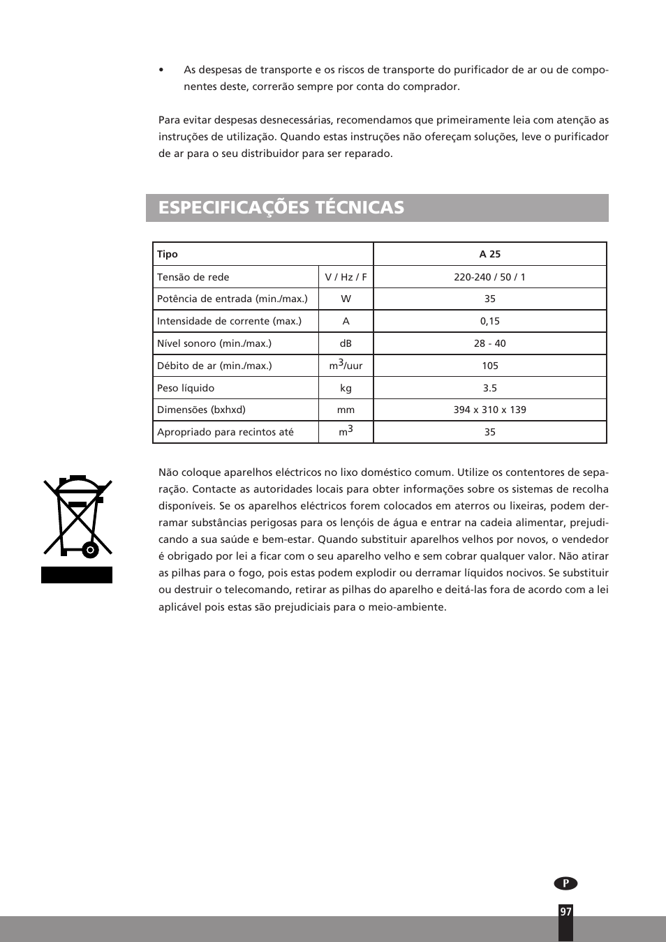 Especificações técnicas | Qlima A25 User Manual | Page 97 / 136