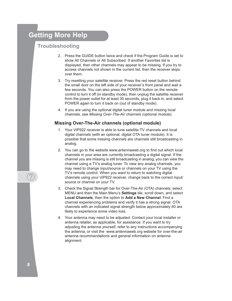 Getting more help, Troubleshooting | Dish Network 176779 User Manual | Page 16 / 45