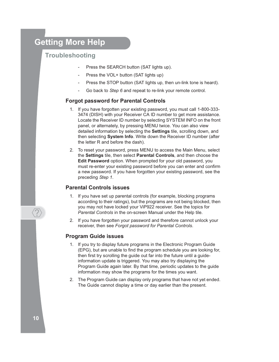 Getting more help, Troubleshooting | Dish Network 176779 User Manual | Page 18 / 45