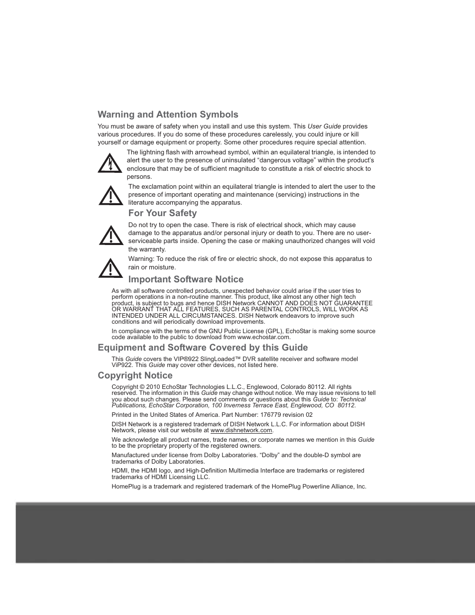 Warning and attention symbols, For your safety, Important software notice | Equipment and software covered by this guide, Copyright notice | Dish Network 176779 User Manual | Page 2 / 45