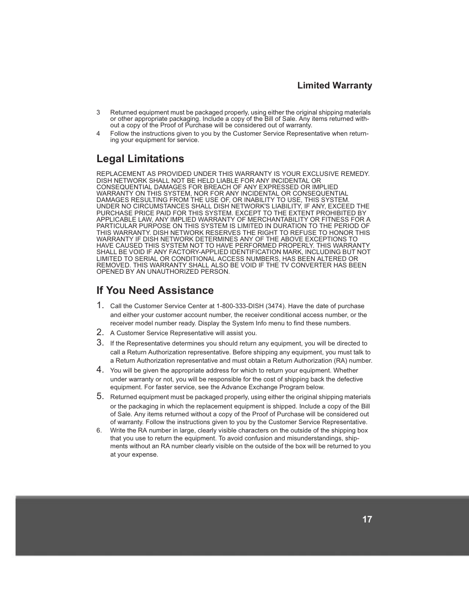 Legal limitations, If you need assistance | Dish Network 176779 User Manual | Page 25 / 45