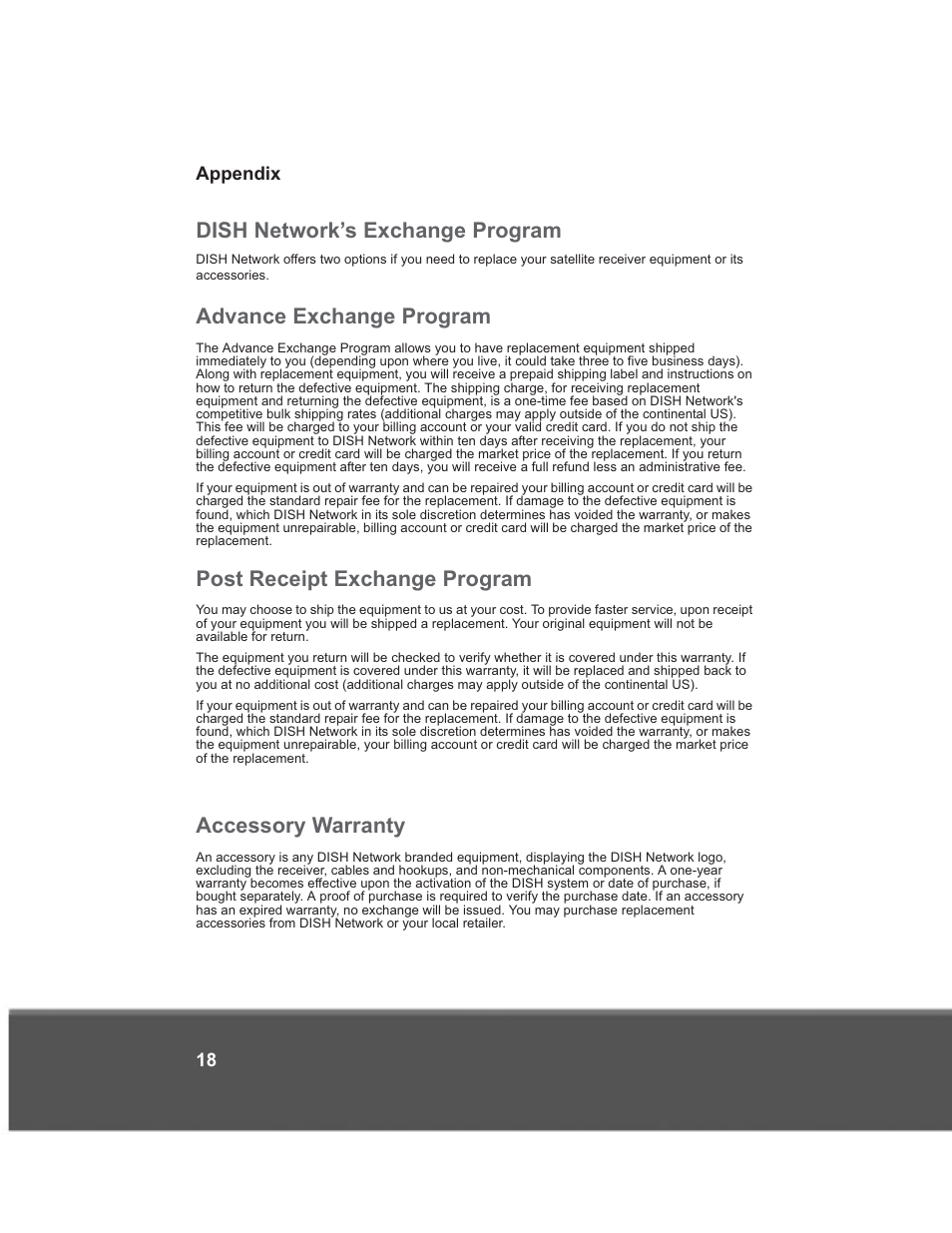 Dish network’s exchange program, Advance exchange program, Post receipt exchange program | Accessory warranty | Dish Network 176779 User Manual | Page 26 / 45