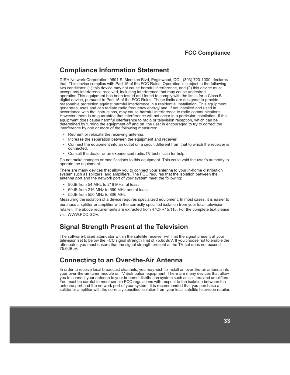 Compliance information statement, Signal strength present at the television, Connecting to an over-the-air antenna | Fcc compliance 33 | Dish Network 176779 User Manual | Page 41 / 45