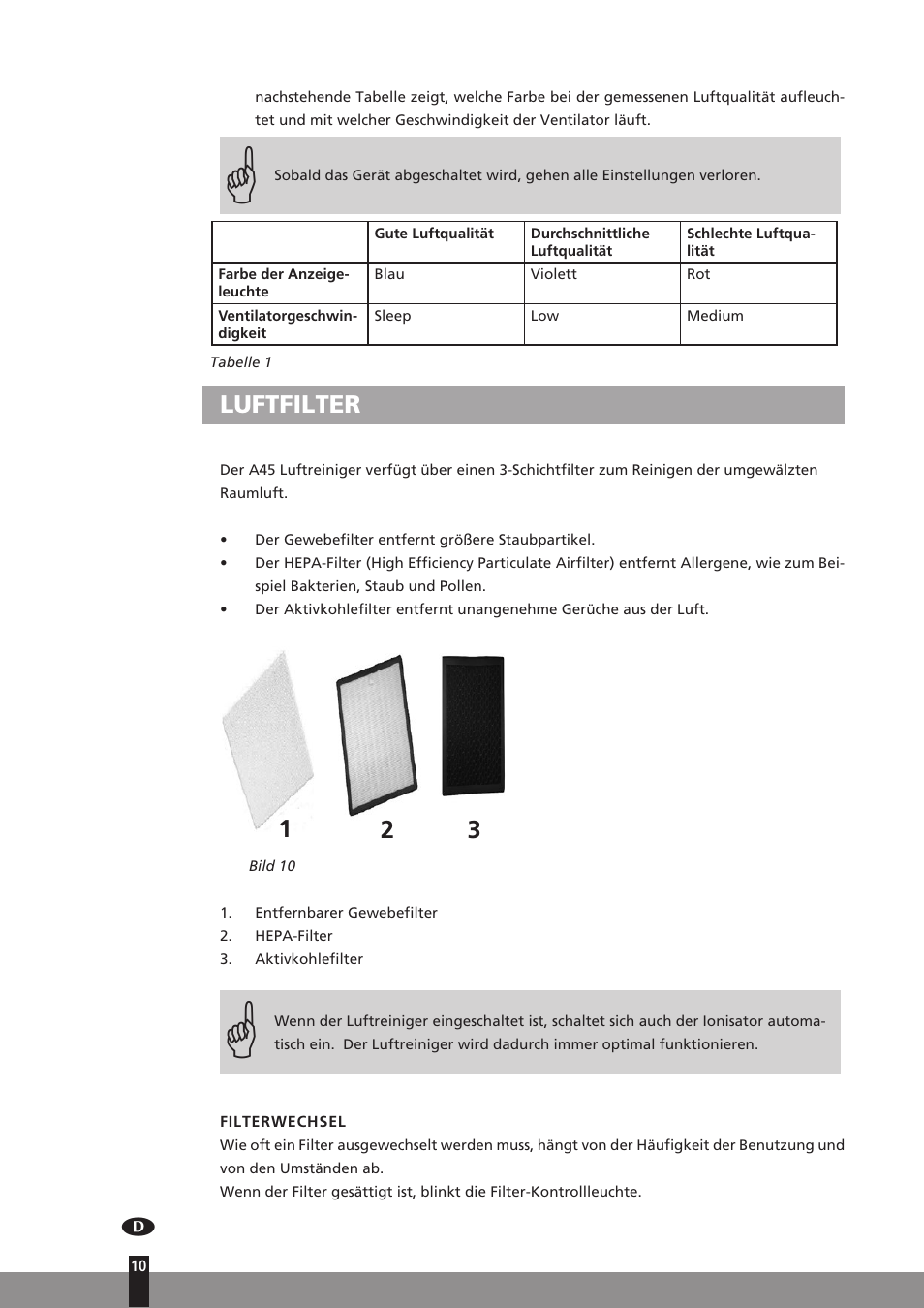 Luftfilter | Qlima A45 User Manual | Page 10 / 152