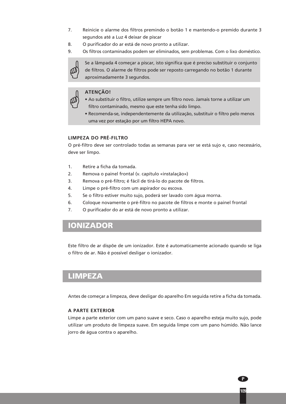 Ionizador, Limpeza | Qlima A45 User Manual | Page 109 / 152