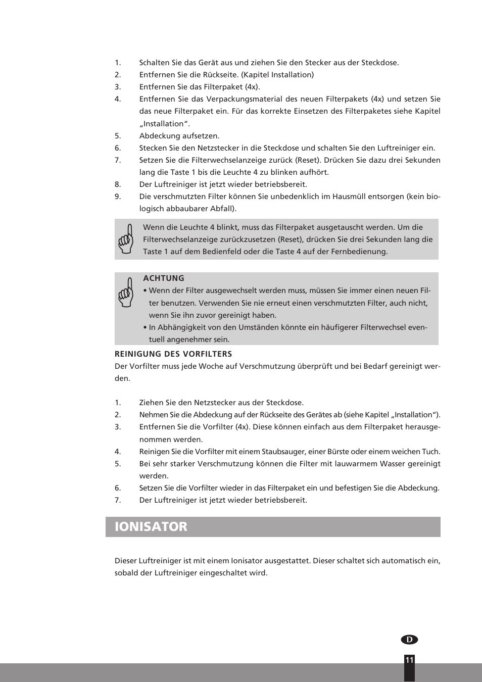 Ionisator | Qlima A45 User Manual | Page 11 / 152