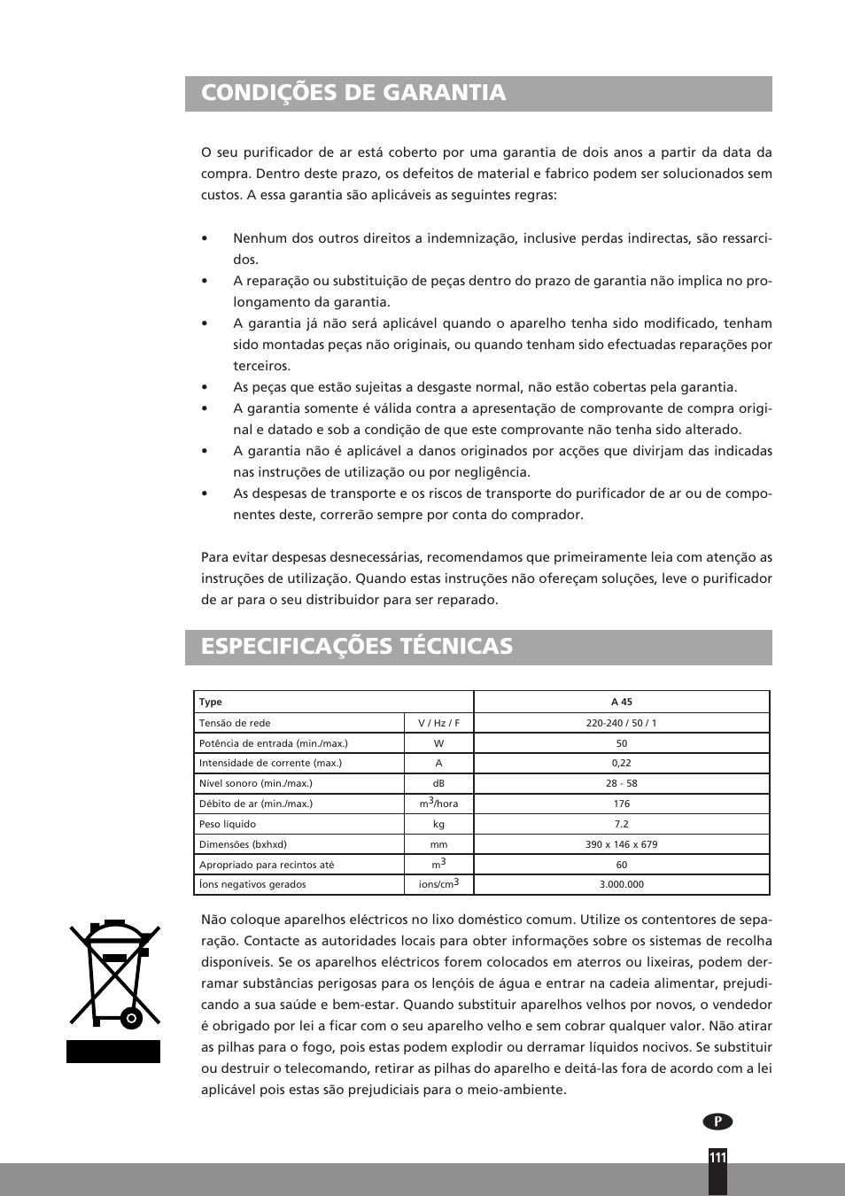 Condições de garantia, Especificações técnicas | Qlima A45 User Manual | Page 111 / 152