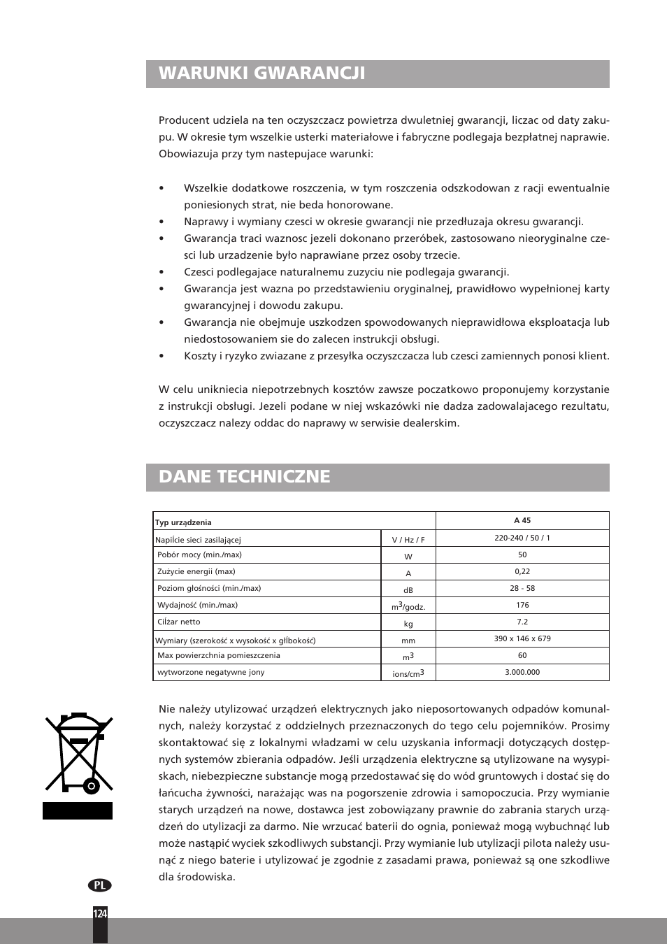 Warunki gwarancji, Dane techniczne | Qlima A45 User Manual | Page 124 / 152