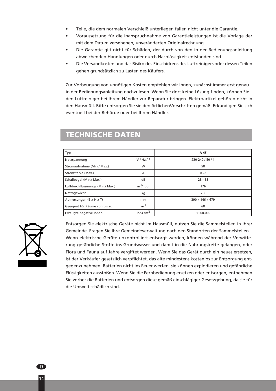 Technische daten | Qlima A45 User Manual | Page 14 / 152