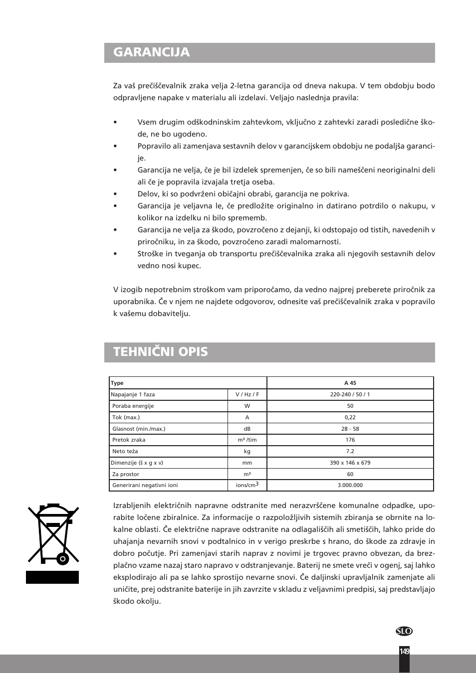 Garancija, Tehnični opis | Qlima A45 User Manual | Page 149 / 152