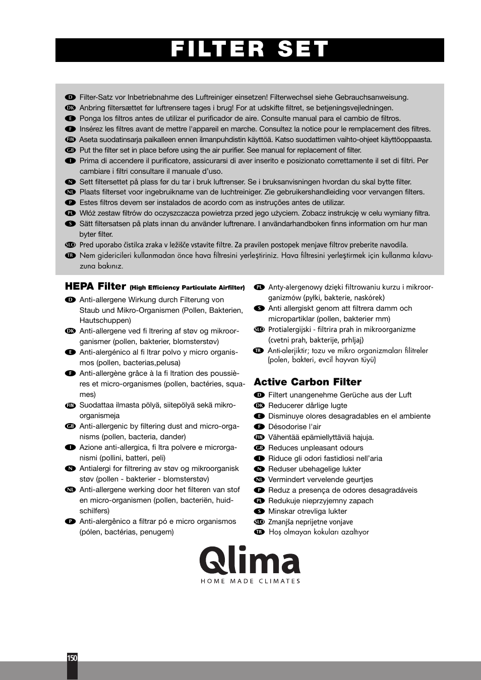 Hepa filter, Active carbon filter | Qlima A45 User Manual | Page 150 / 152