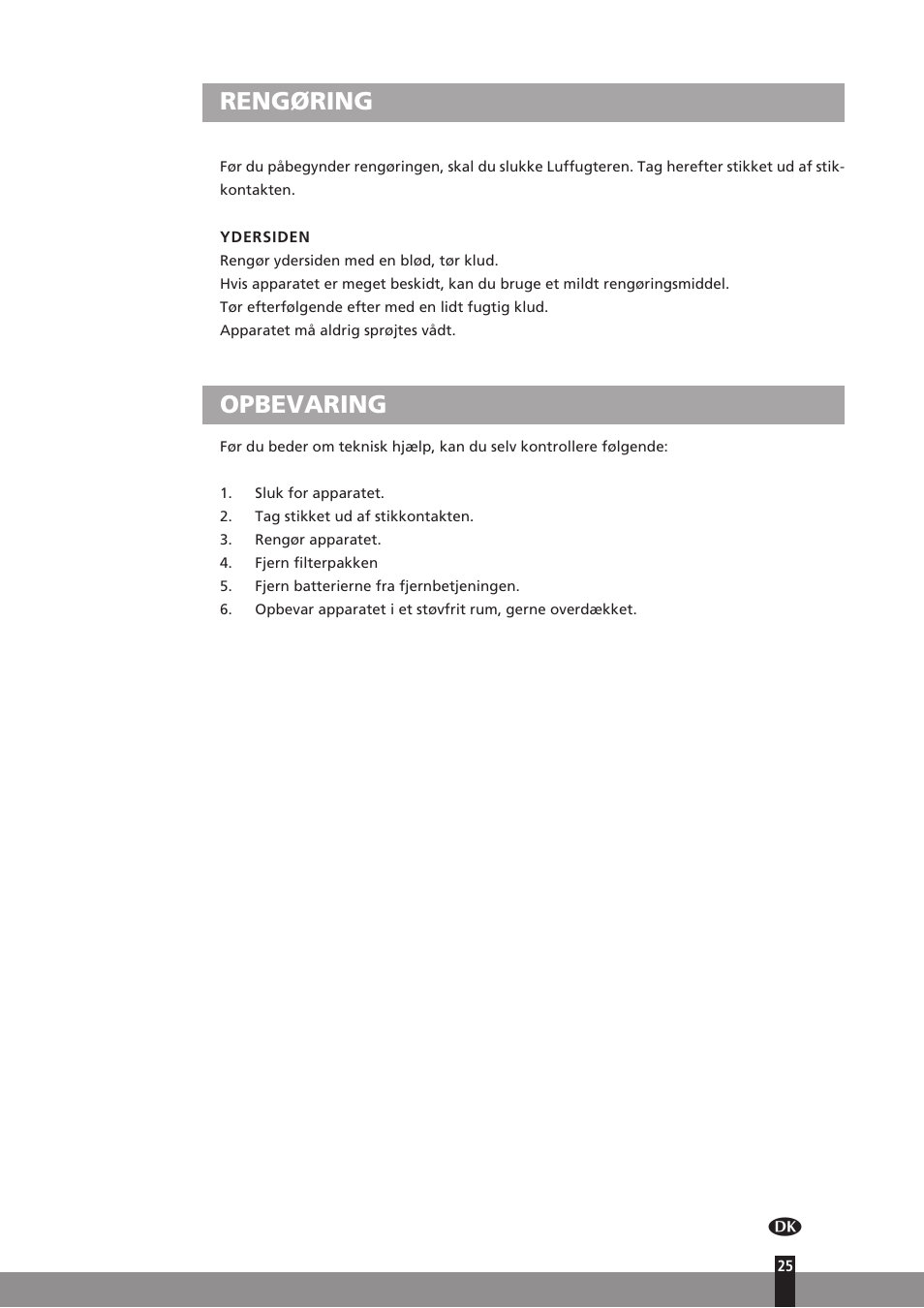Rengøring, Opbevaring | Qlima A45 User Manual | Page 25 / 152