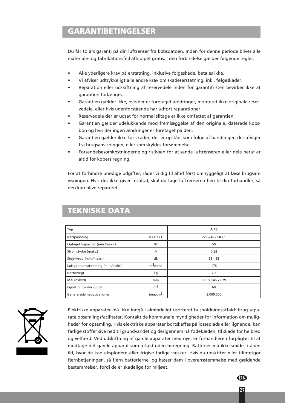 Garantibetingelser, Tekniske data | Qlima A45 User Manual | Page 27 / 152