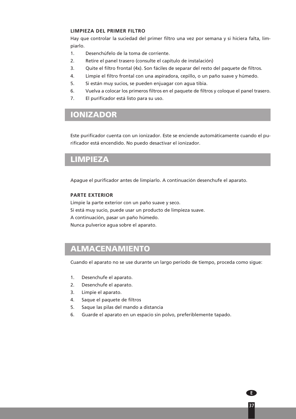 Ionizador, Limpieza, Almacenamiento | Qlima A45 User Manual | Page 37 / 152