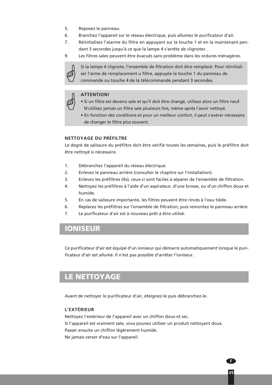 Ioniseur, Le nettoyage | Qlima A45 User Manual | Page 49 / 152