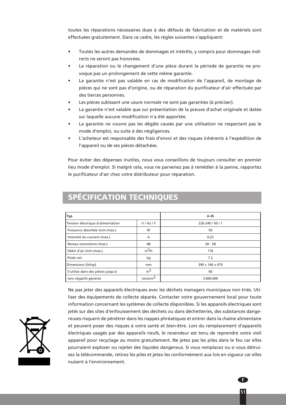 Spécification techniques | Qlima A45 User Manual | Page 51 / 152