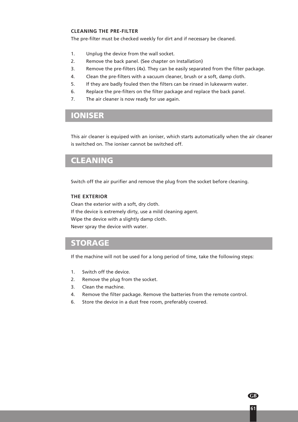 Ioniser, Cleaning, Storage | Qlima A45 User Manual | Page 61 / 152