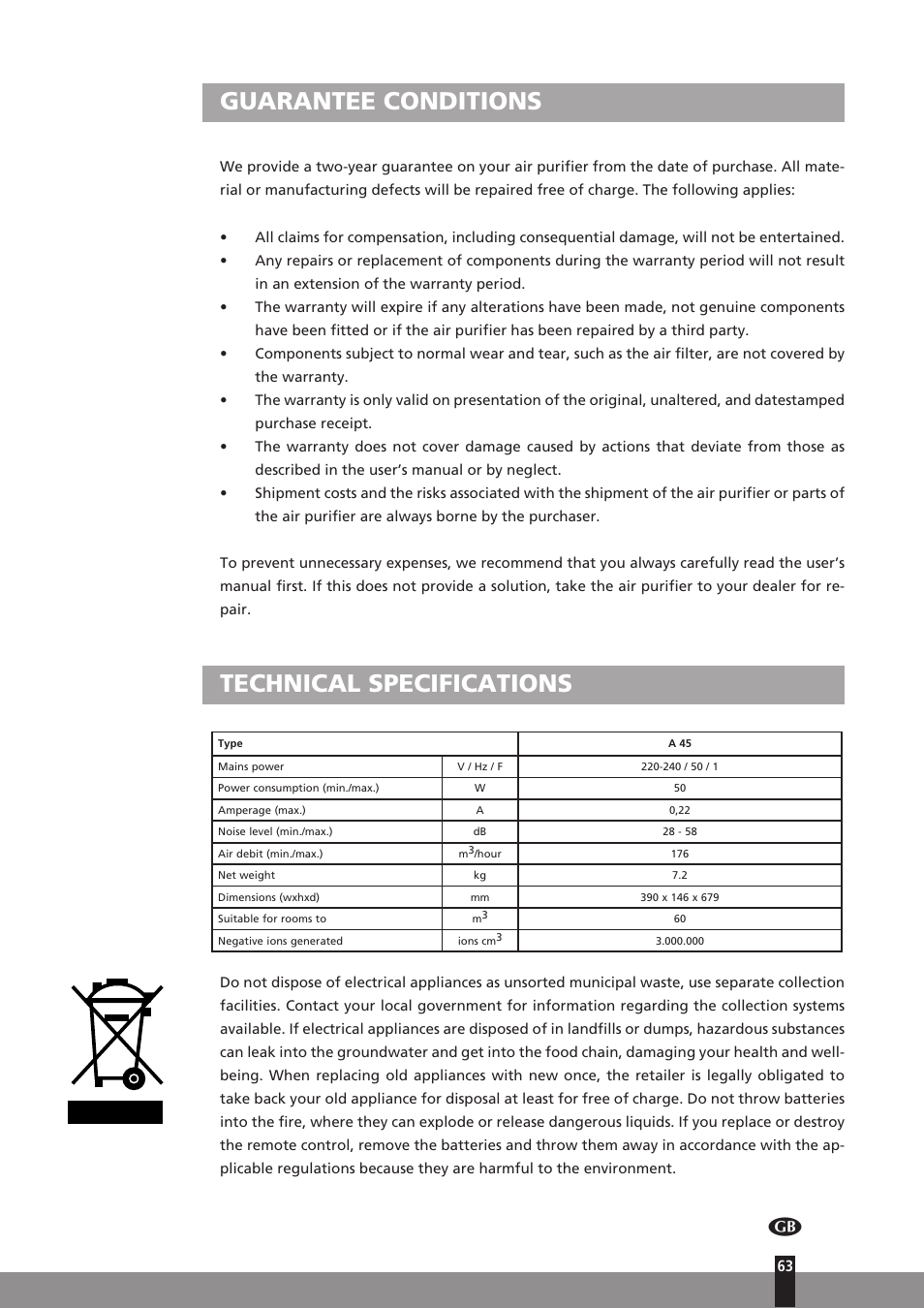 Guarantee conditions, Technical specifications | Qlima A45 User Manual | Page 63 / 152
