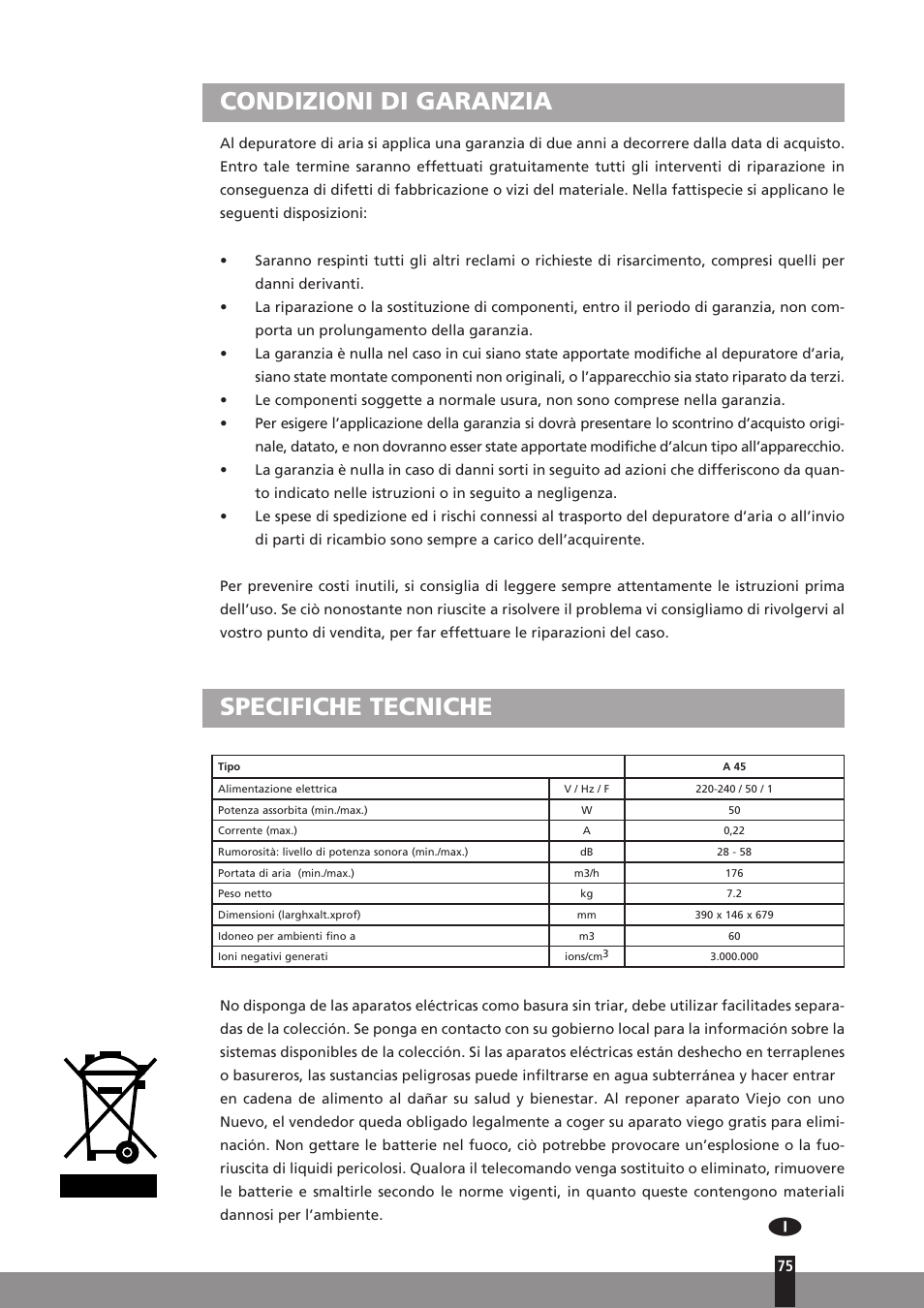 Condizioni di garanzia, Specifiche tecniche | Qlima A45 User Manual | Page 75 / 152