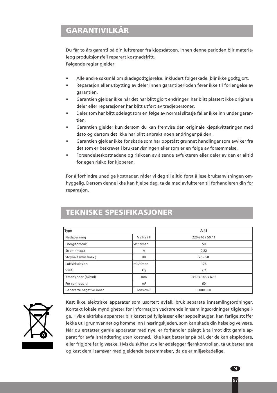 Garantivilkår, Tekniske spesifikasjoner | Qlima A45 User Manual | Page 87 / 152