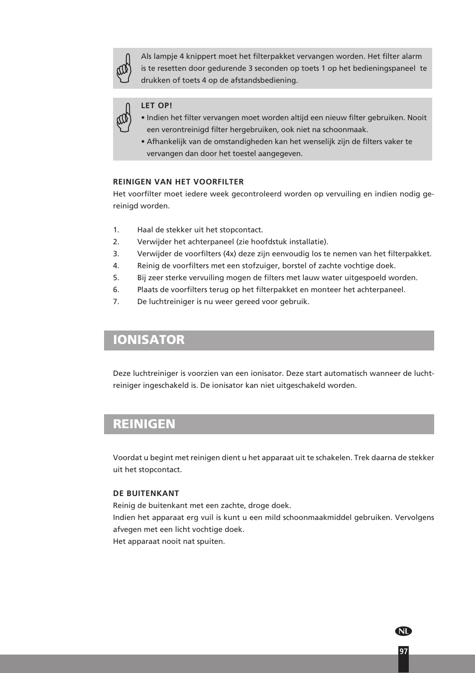 Ionisator, Reinigen | Qlima A45 User Manual | Page 97 / 152