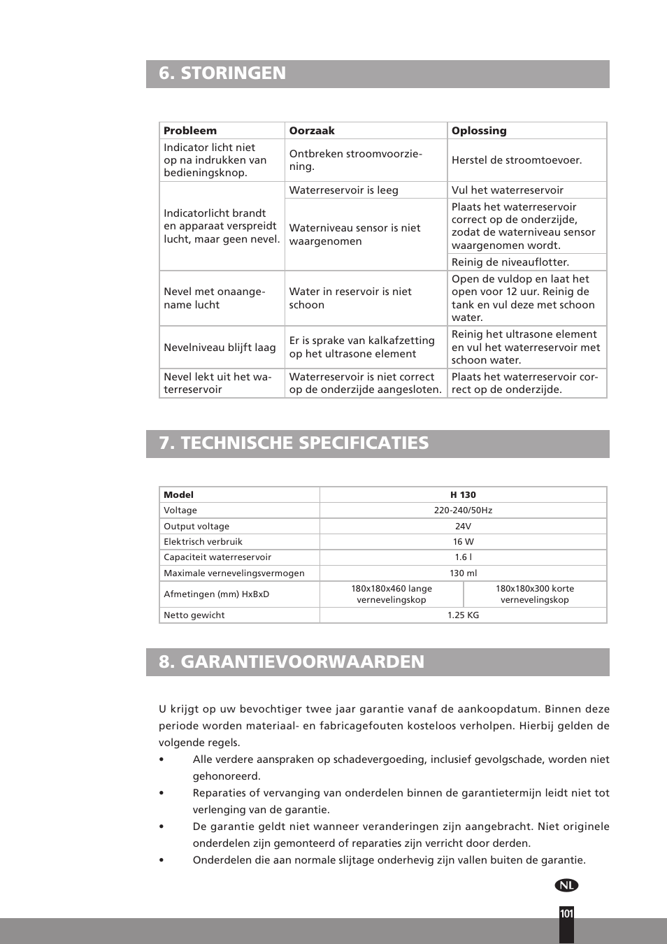 Storingen, Technische specificaties, Garantievoorwaarden | Qlima H130 User Manual | Page 101 / 140