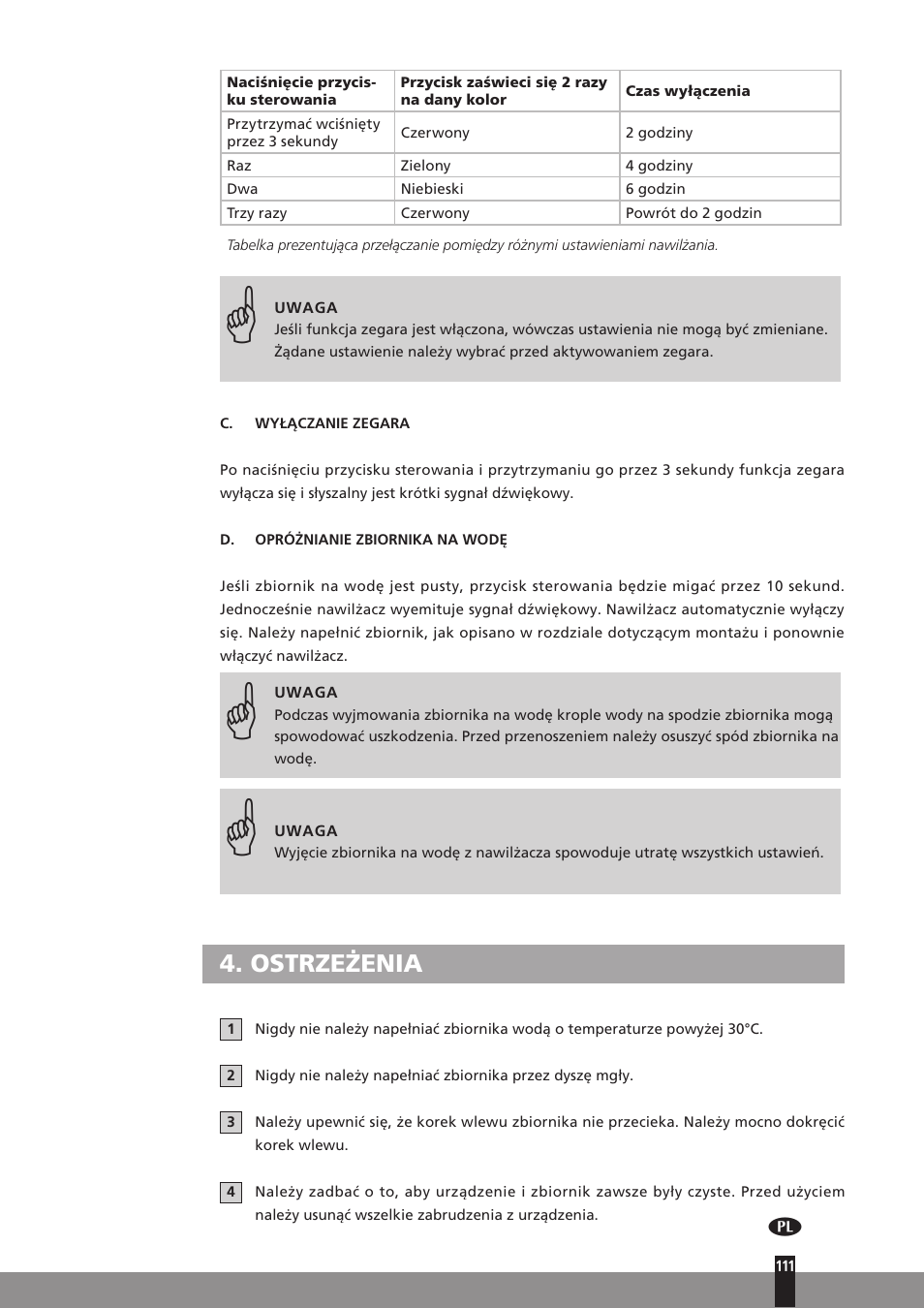 Ostrzeżenia | Qlima H130 User Manual | Page 111 / 140