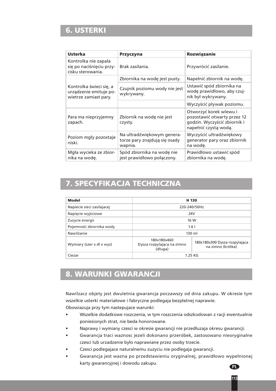 Usterki, Specyfikacja techniczna, Warunki gwarancji | Qlima H130 User Manual | Page 113 / 140