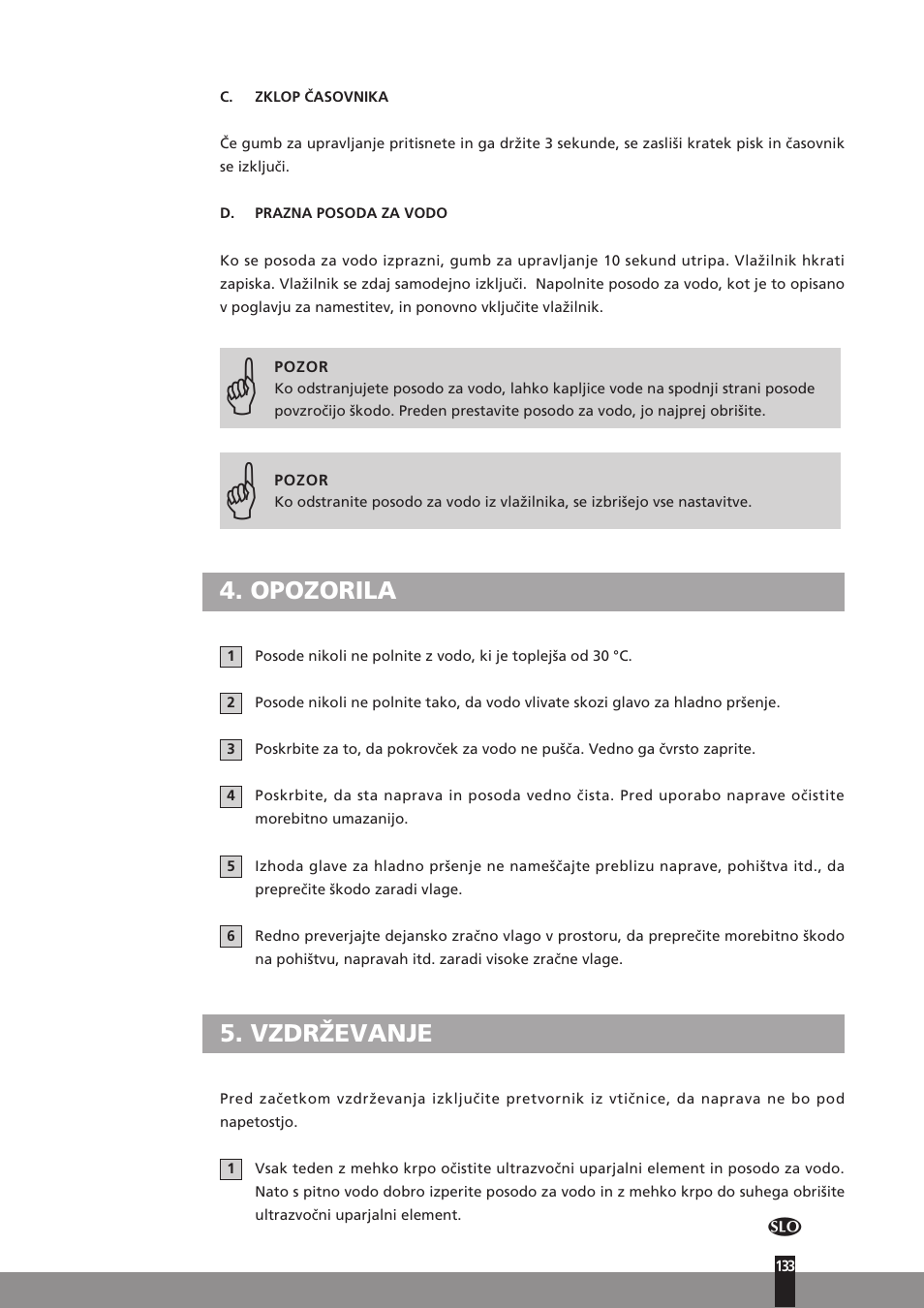 Opozorila, Vzdrževanje | Qlima H130 User Manual | Page 133 / 140