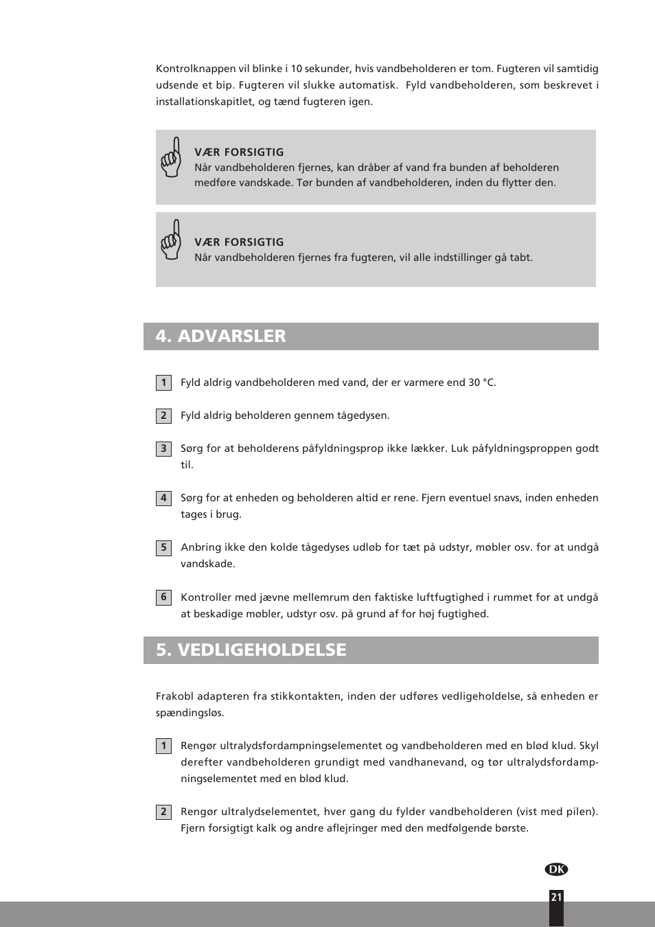 Advarsler, Vedligeholdelse | Qlima H130 User Manual | Page 21 / 140