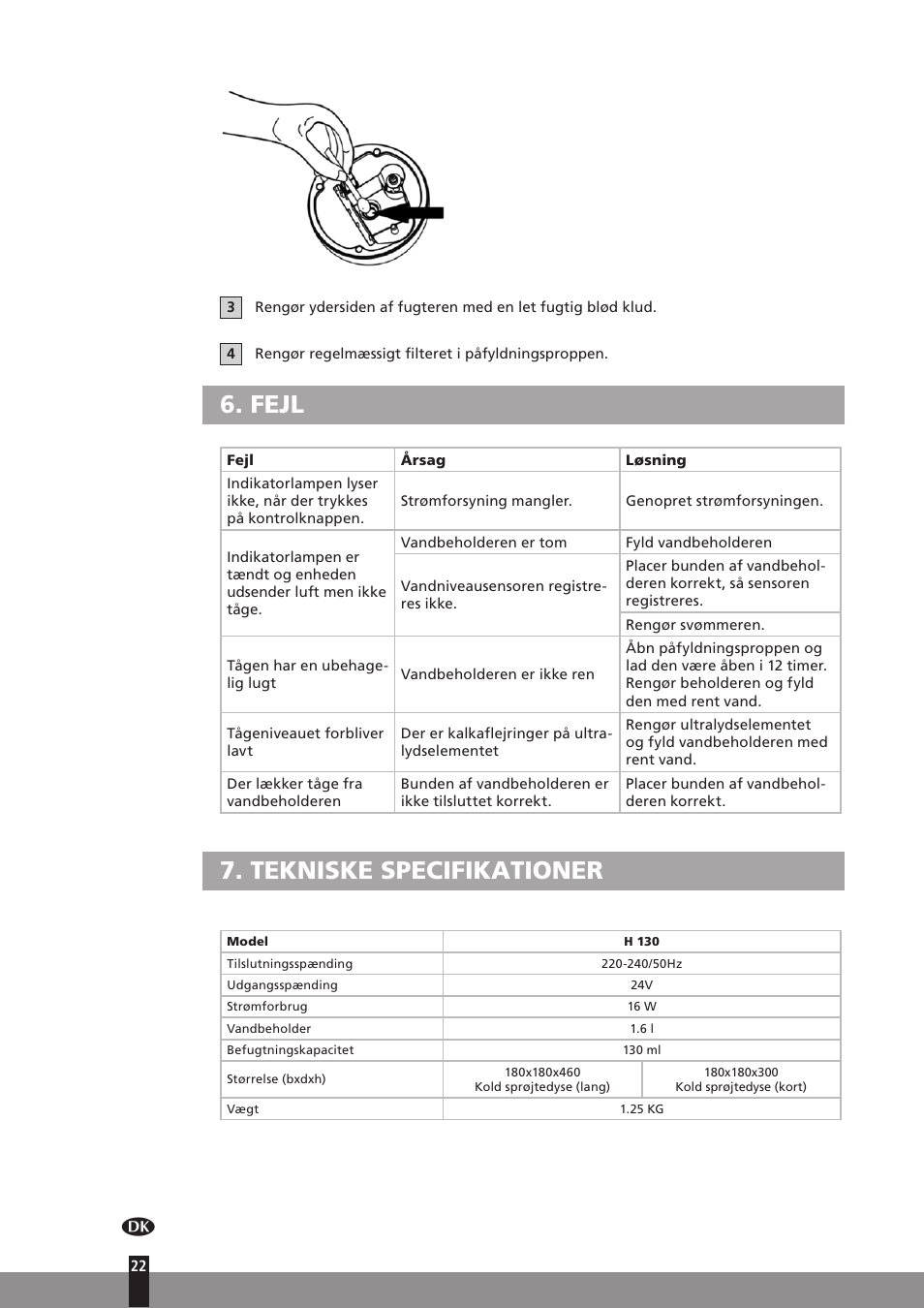 Fejl, Tekniske specifikationer | Qlima H130 User Manual | Page 22 / 140