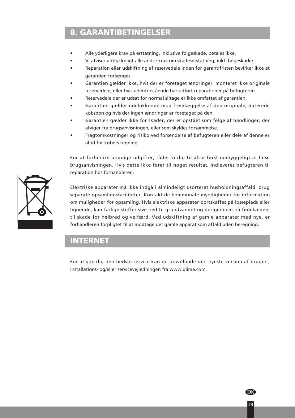 Garantibetingelser, Internet | Qlima H130 User Manual | Page 23 / 140