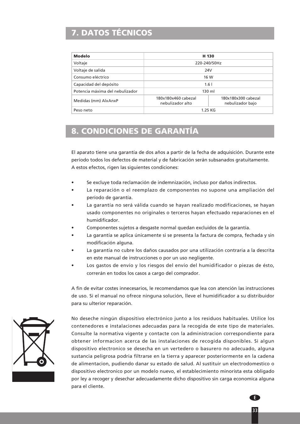 Datos técnicos, Condiciones de garantía | Qlima H130 User Manual | Page 33 / 140