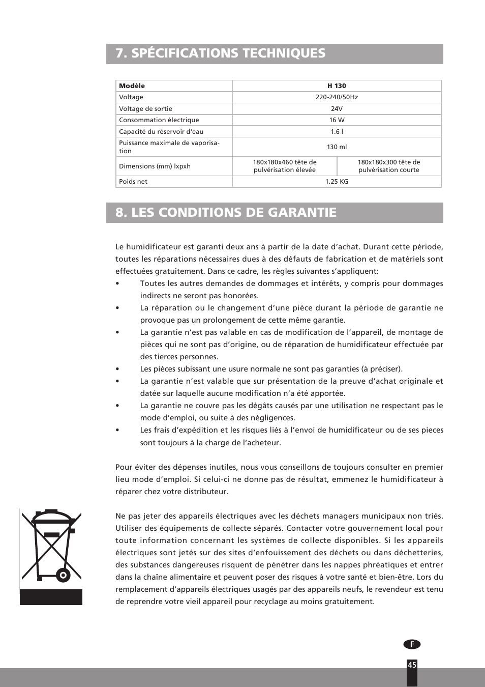 Spécifications techniques, Les conditions de garantie | Qlima H130 User Manual | Page 45 / 140