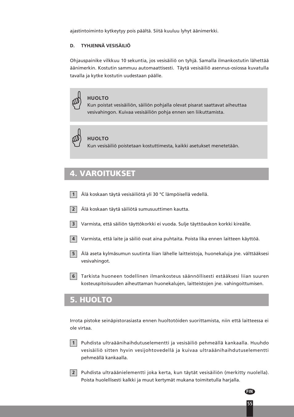 Varoitukset, Huolto | Qlima H130 User Manual | Page 55 / 140