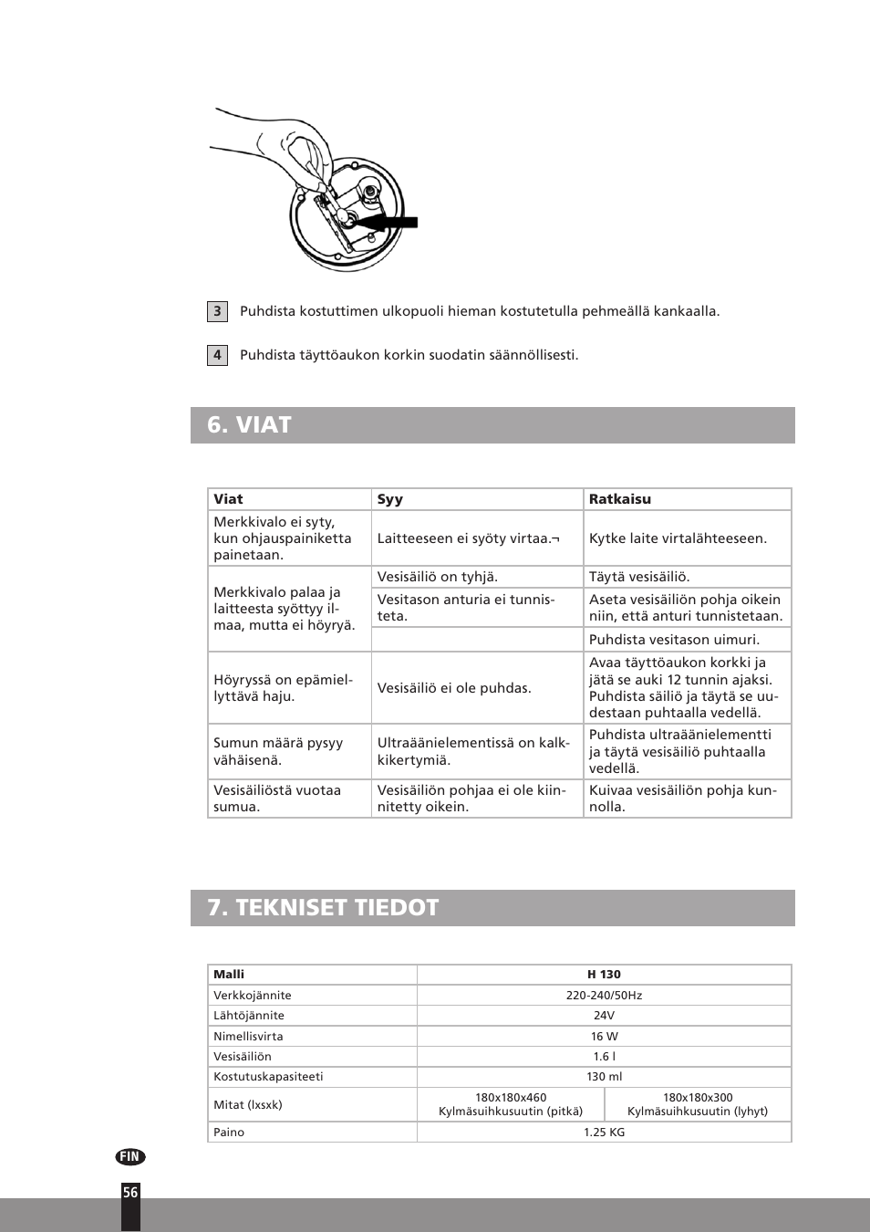 Viat, Tekniset tiedot | Qlima H130 User Manual | Page 56 / 140