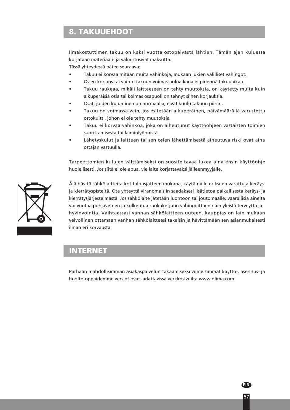 Takuuehdot, Internet | Qlima H130 User Manual | Page 57 / 140